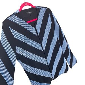 MISOOK Large L Black Blue Stripe‎ Knit Top Closure Cardigan Jacket Chic Polished